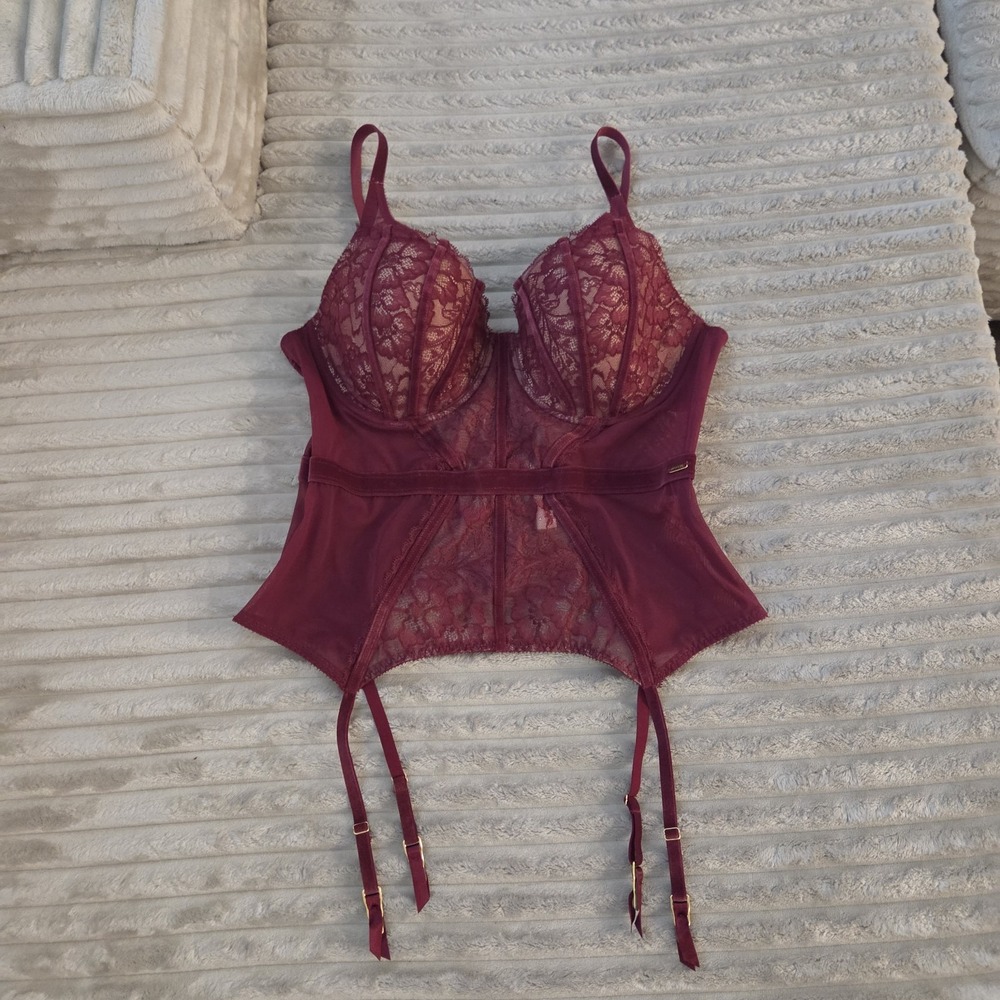 Adore Me Dark Red Lace Bustier Corset Top Underwire Garter Straps Lingerie 38D